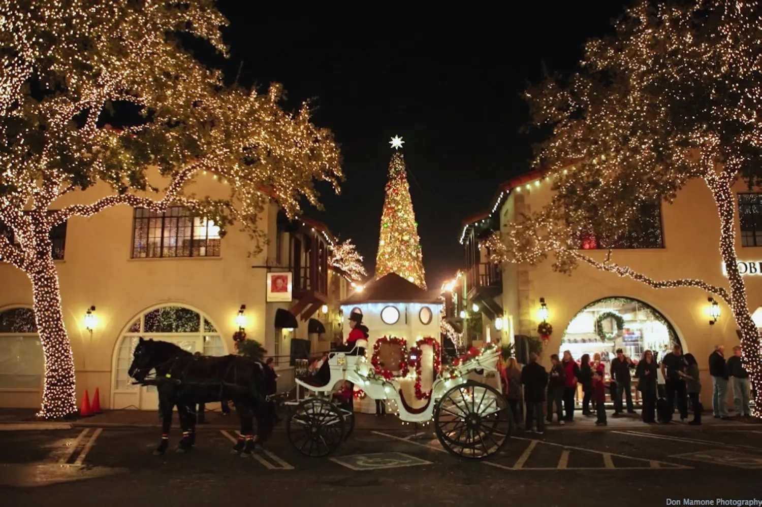 Take a carriage ride through the beautifully lit Highland Park Village. Courtesy of Threejays Carriage