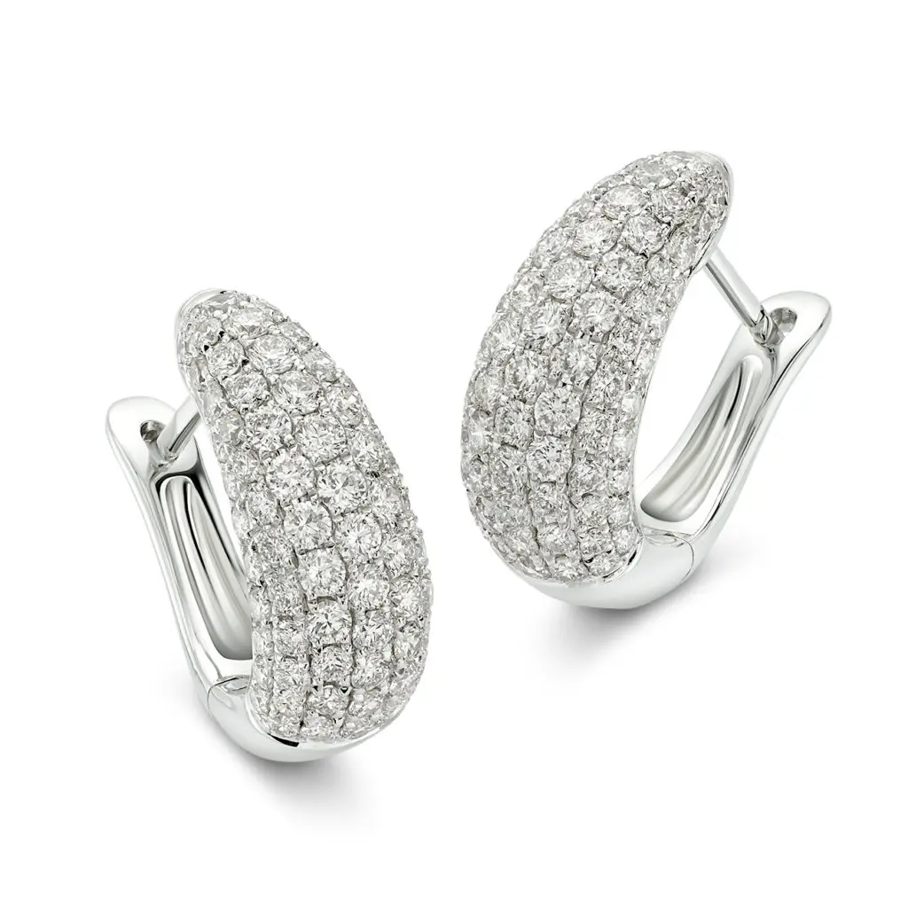 Dome Earrings covered in brilliant diamonds in 18K white gold.