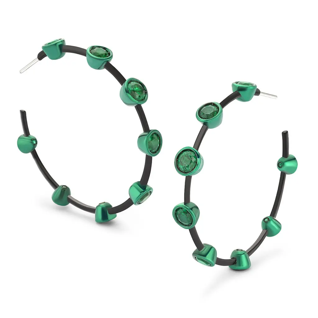 Khasi Hills Hoop Earrings with bezel set round emeralds crafted in 18K green gold and black gold.