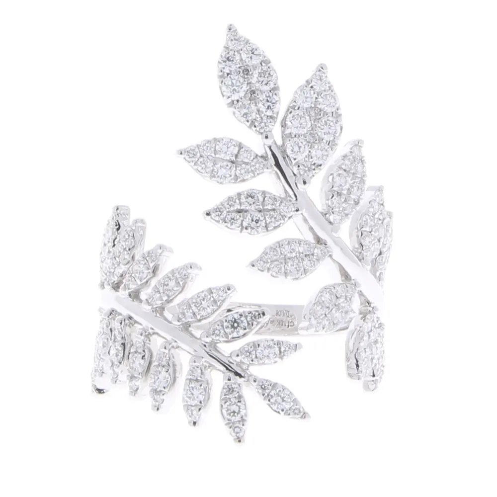 Bachendorf’s 18K white gold rhodium plated diamond pave leaf ring with round diamonds.