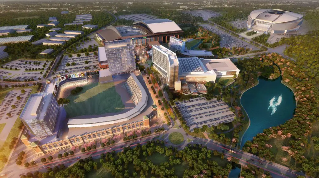 Aerial view of Arlington's expanding Entertainment District.