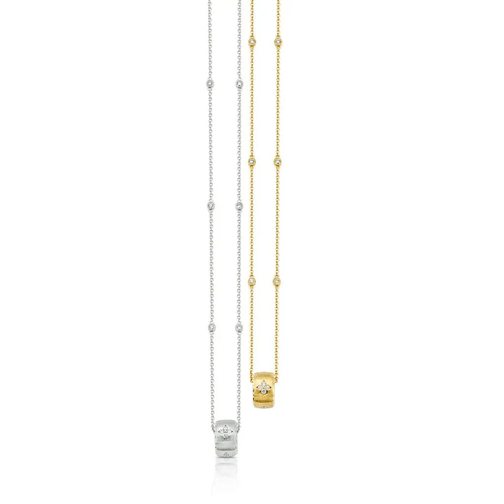 Étoile Pendants with diamonds in a star motif with satin finish and bead-set sides in 18K white or yellow gold.
