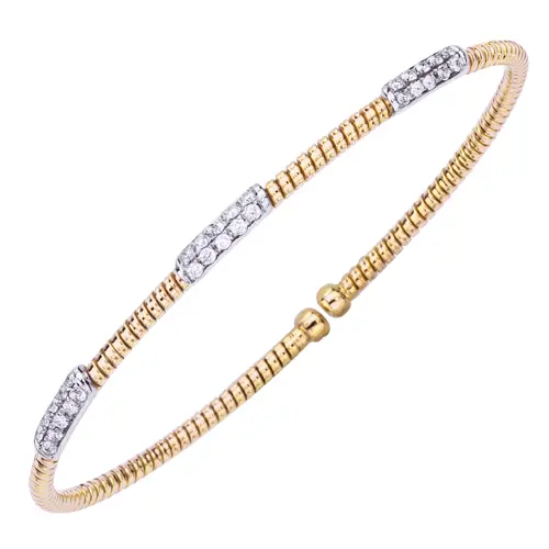 Fallon B 18K yellow and white gold rhodium plated single row 3 station bangle bracelet with diamonds.