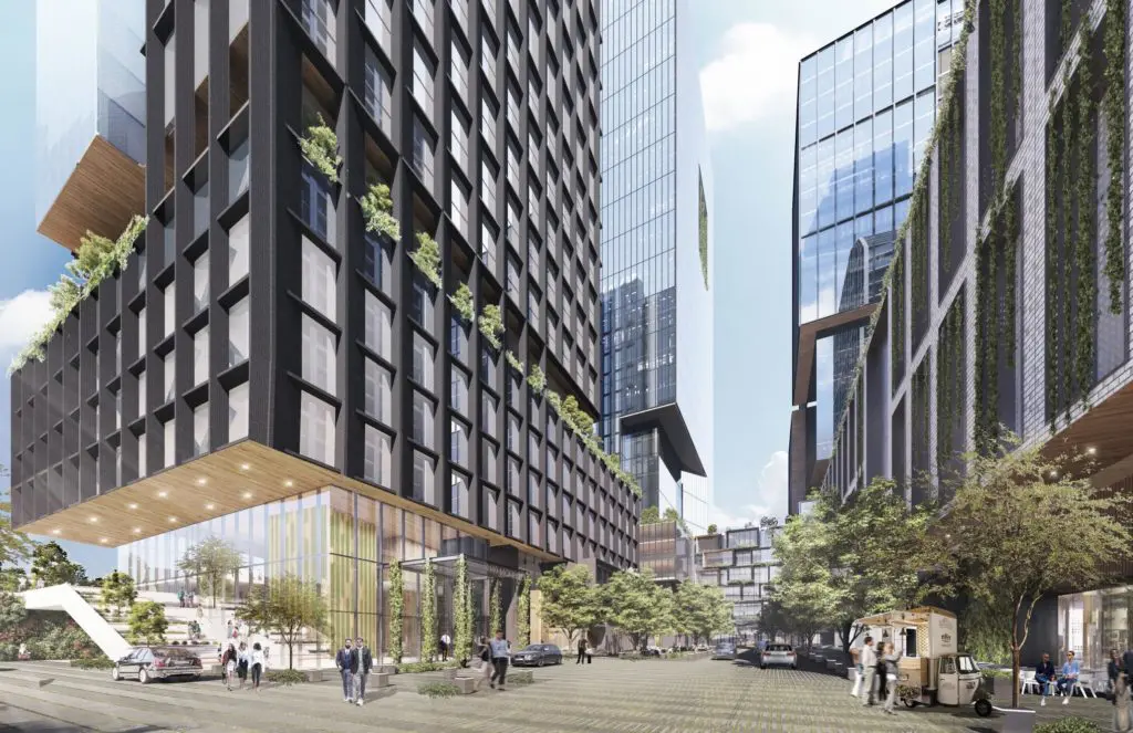 Knitting together the urban fabric.
(Rendering by HKS Architects).