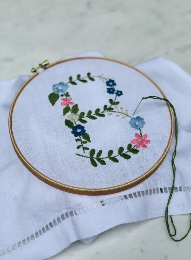 DIY Floral Ivy Lettering Towel $48, at Hibiscus Linens, hibiscuslinens.com.