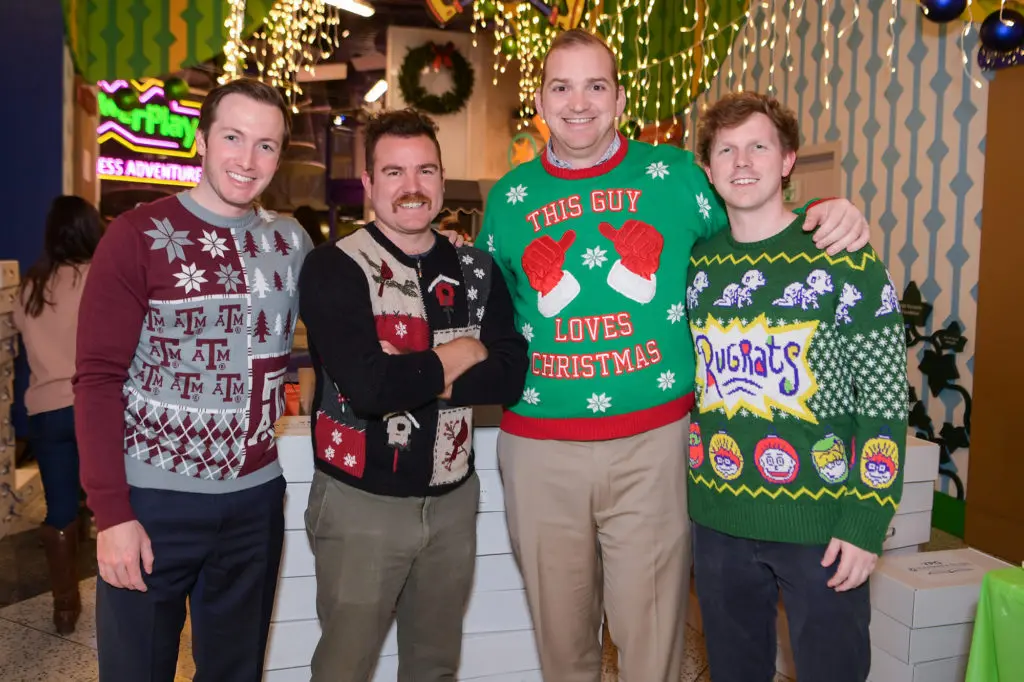 Jeff Carnrite, Andrew Wilson, Steven Westbrook, Mitchell Bilodea at an ugly sweater party benefiting the Barbara Bush Houston Literacy Foundation. (Photo by Michelle Watson/CatchlightGroup.com)