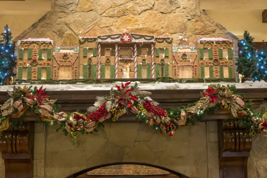 The elaborate gingerbread house display features replicas of four John Staub homes. (Photo courtesy The Houstonian Hotel, Club & Spa)
