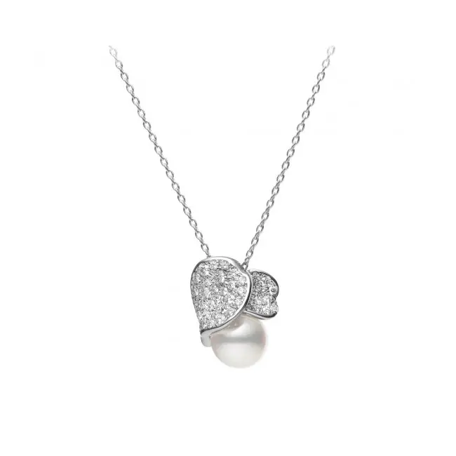 Mikimoto 18k white gold rhodium plated Petal pearl pendant necklace with diamonds.