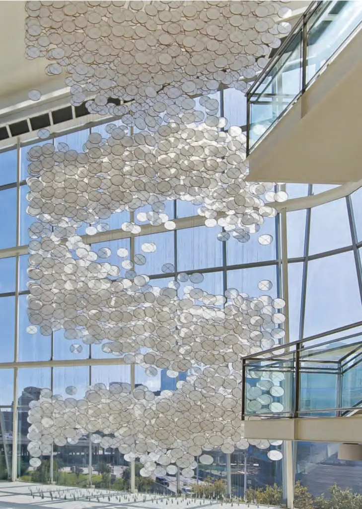 Jacob Hashimoto's "Cloud Deck," 2010, in the atrium of the Shea Street Building of the Marilyn Davies College of Business at University of Houston-Downtown.