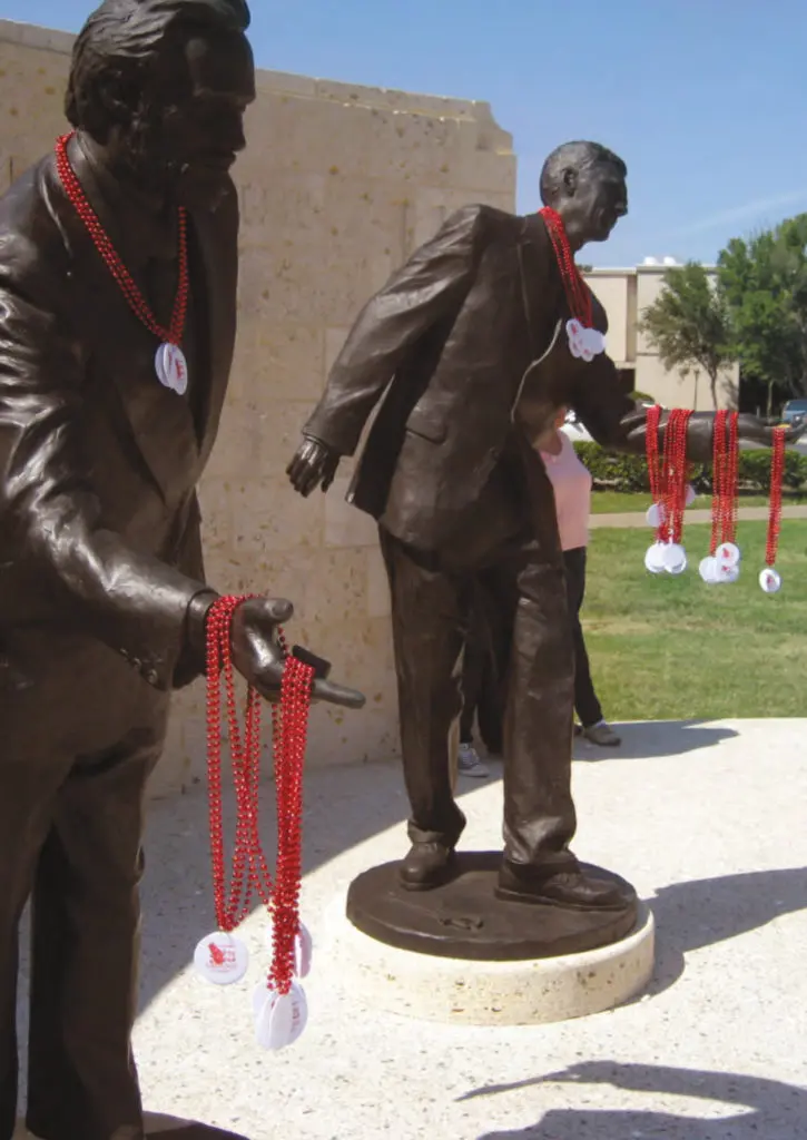 The Art Guys' "The Statue of Four Lies," 2010, in front of the Cougar Village dorms, near the historic Cullen buildings at the University of Houston.