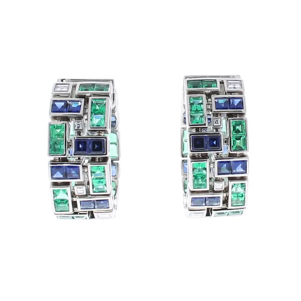 Robert Procop Platinum Masterpiece earrings with blue sapphires, emeralds and square cut diamonds.