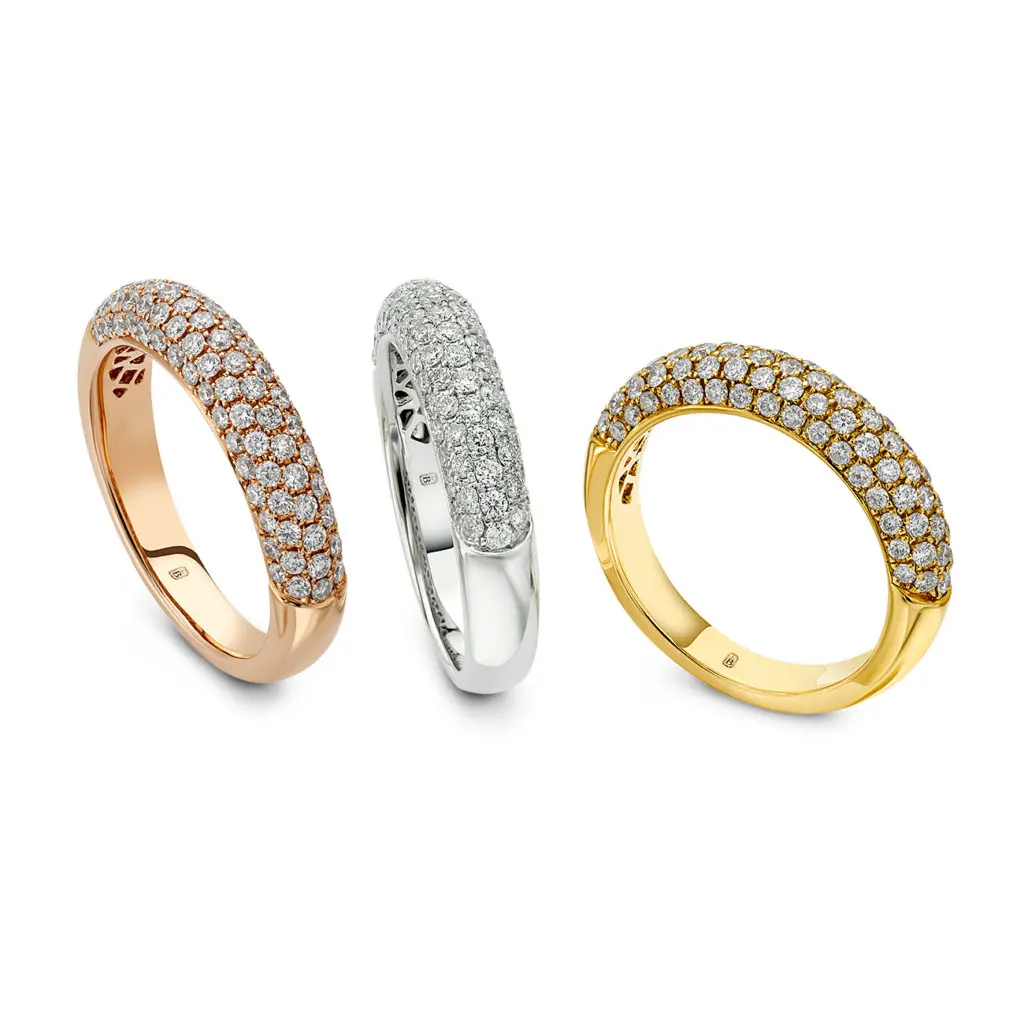 Posh Stackable Ring with diamonds  in 18K rose, white and yellow gold.