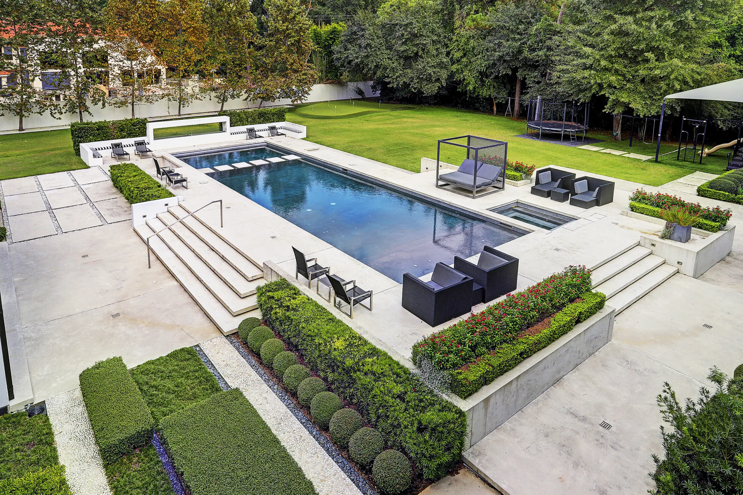The resort style swimming pool and gardens are rich selling points. (Photo by DroneHub Media)