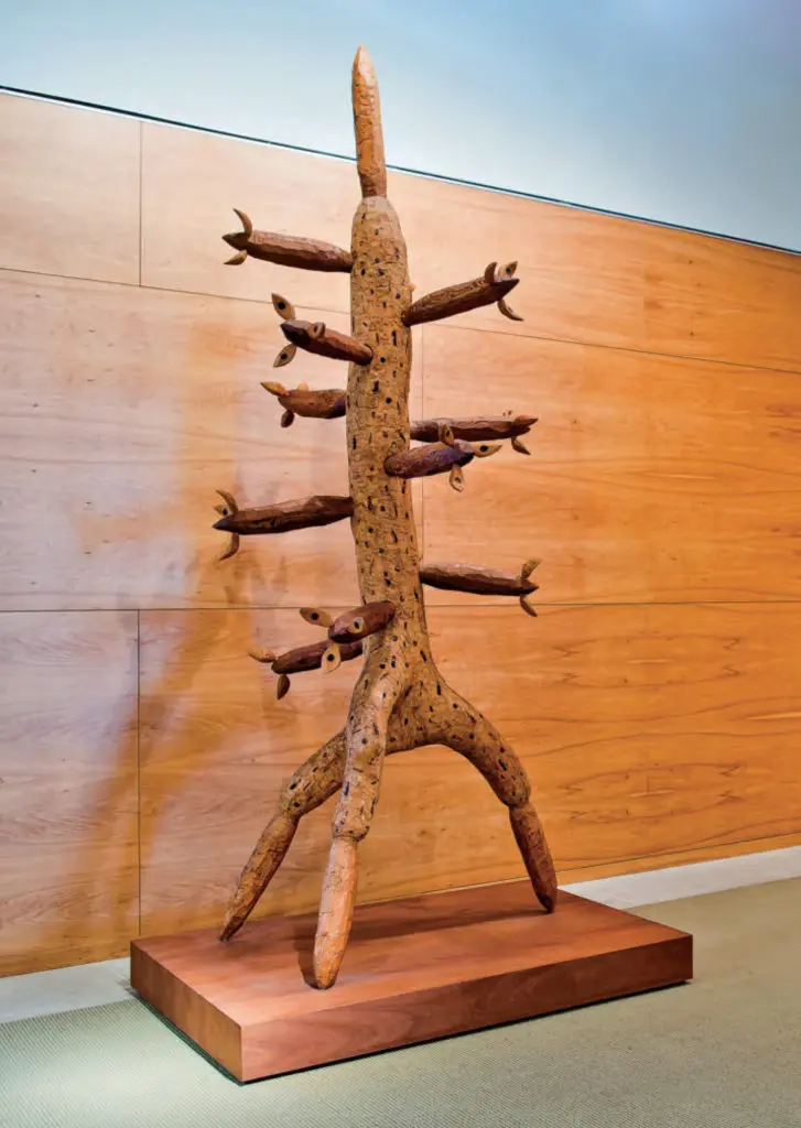 At the University of Houston, James Surls' "Flower Woman," 1977, was dedicated in the Conrad N. Hilton College of Hotel and Restaurant Management but moved to the lobby of the Wortham Theatre at the request of playwriting professor Edward Albee.