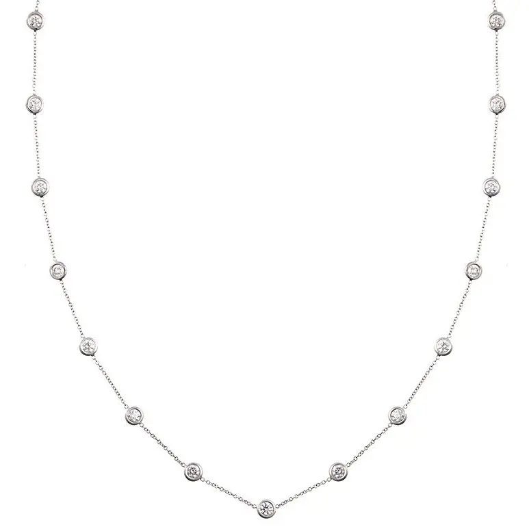 Bachendorf’s 18K white gold rhodium plated diamonds by the yard necklace with 15 round diamonds.