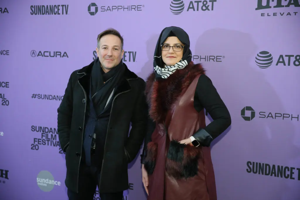 Hatice Cengiz and director Bryan Fogel attend the World Premiere of <i>The Dissident</i> by Bryan Fogel, an official selection of the Documentary Premieres program at the 2020 Sundance Film Festival. © 2020 Sundance Institute | photo by Jemal Countess.