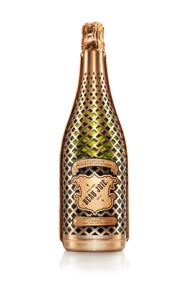 The Beau Joie champagne is typically bottled in a distinctive armor of pure copper.