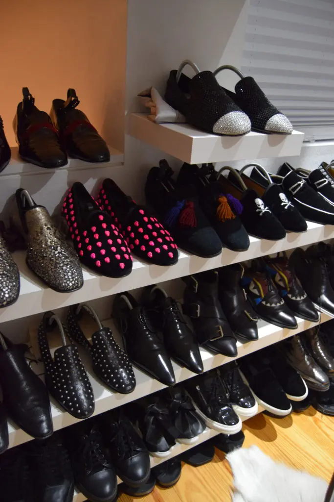 A close-up of Fady Armanious' closet which is devoted totally to shoes.