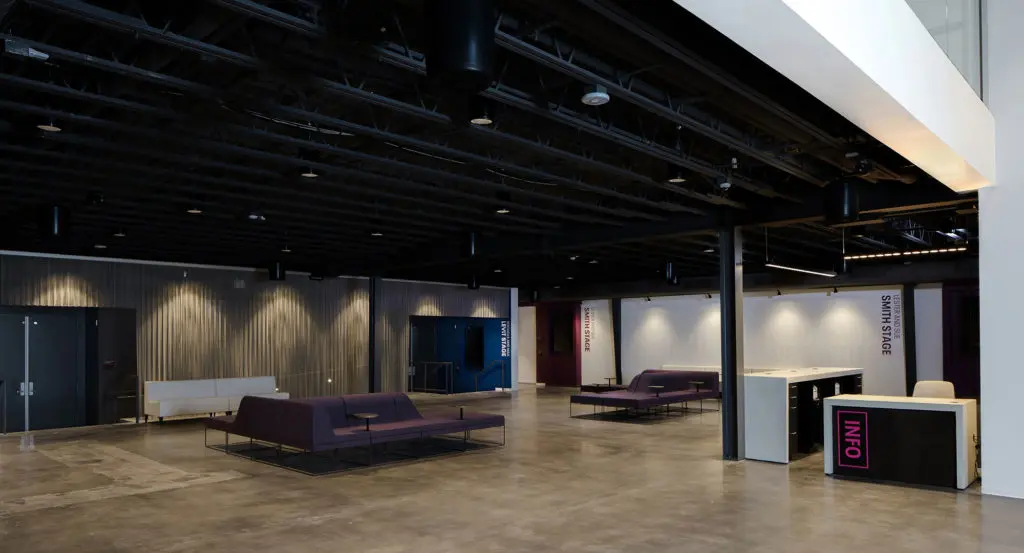 The Gordy's industrial-chic lobby, designed by Gensler. (Photo by Amitava Sarkar)