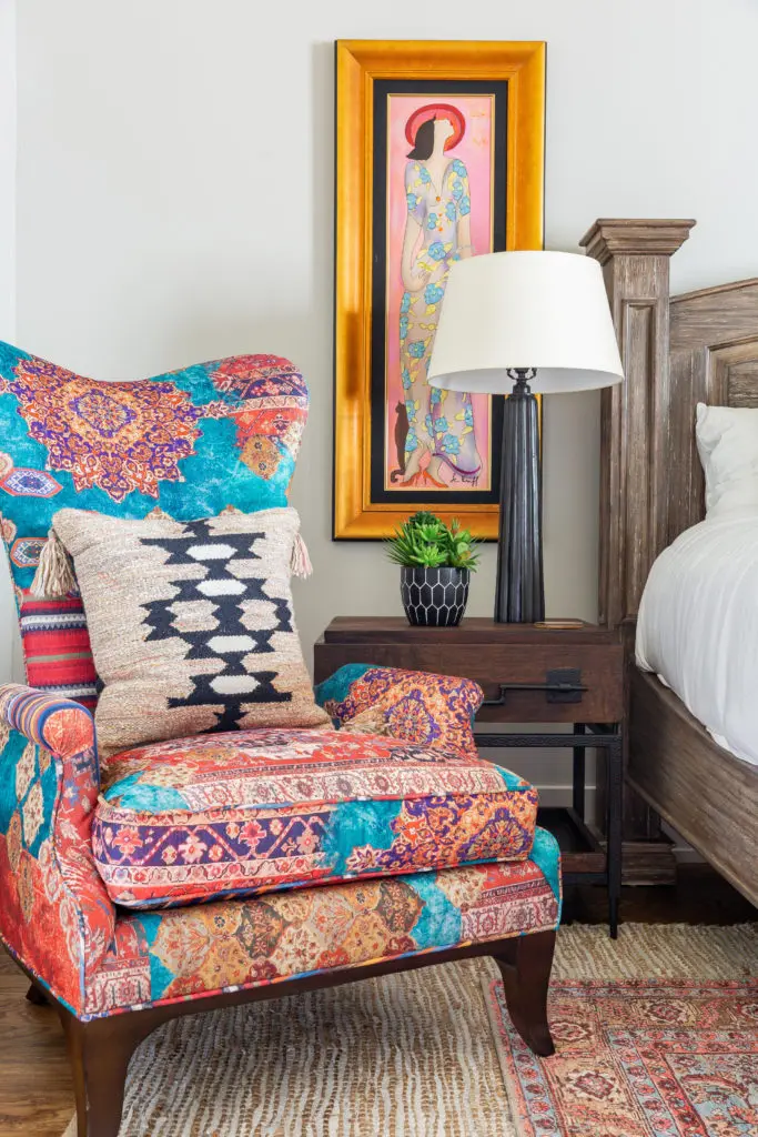 The colorful chair is in the casita guest house where the designers and the owner decided that color and a more playful approach was in order. (Photo by Jen Burner)