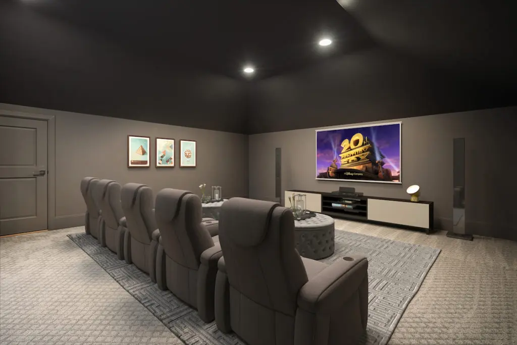 A third-floor in-home theater includes surround sound. 