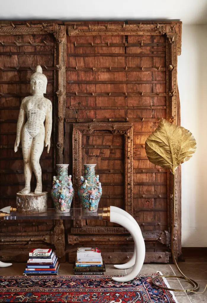 The antique Indian door at the Aldridge house has spikes to ward off elephants. (Photo by Lisa Petrole)