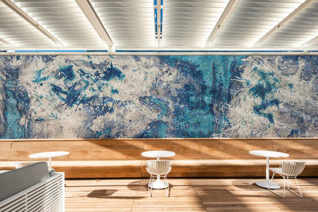 Photographer James Welling and
mosaicist Stephen Miotto’s "Untitled,"
2019, on the terrace. (Photo by Robert Tsai )