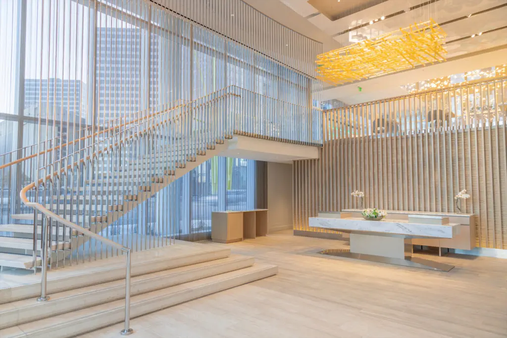Jana Ružicková’s "Lasvit," 2019,
hangs above the reception desk. (Photo by Robert Tsai )