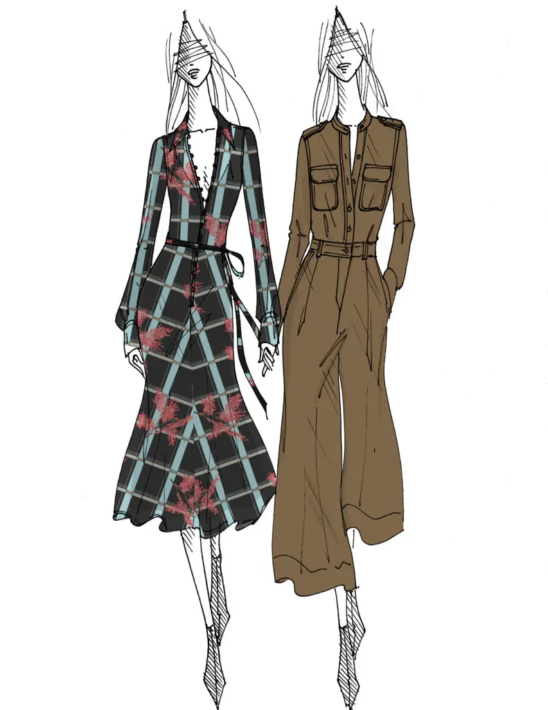 "Foret Architecturale" is the inspiration for Equipment's fall 2020 collection. It's "the juxtaposition between clean architectural lines and the fluidity of nature illustrated in a printed silk chiffon dress and a soft nappa leather jumpsuit, says Tim Bailey, Equipment’s SVP of Design.