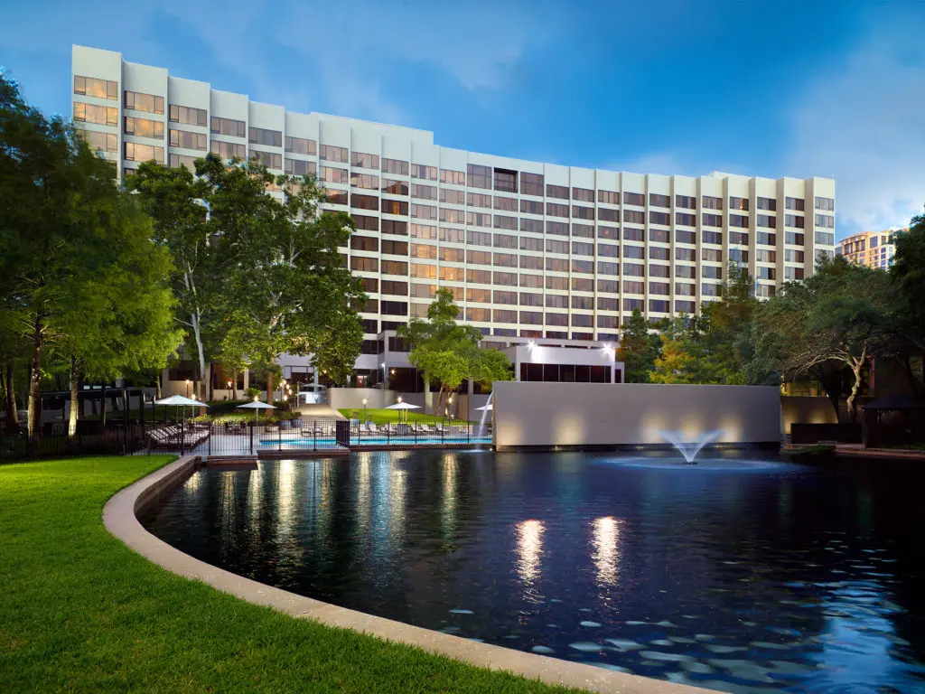 The Omni Houston Hotel at twilight.