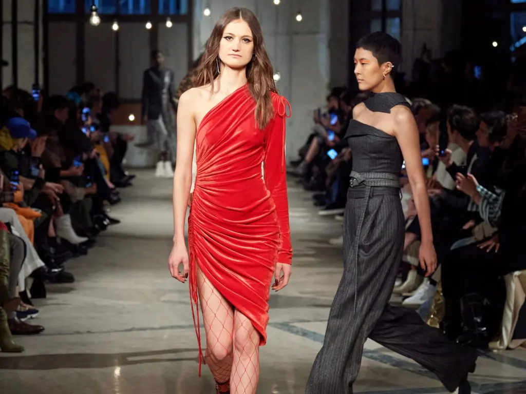 Monse velvet one-shoulder drawstring dress. (Photo by Imaxtree)