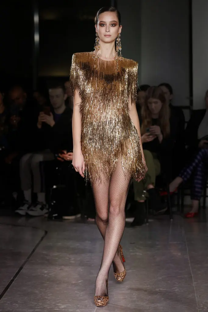 Naeem Khan gold metallic fringe mini-dress. (Photo by Dan and Corina Lecca)