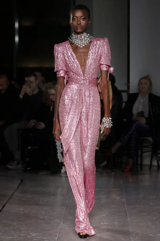 Naeem Khan pink sequined V-neck gown with padded shoulders. (Photo by Dan and Corina Lecca)