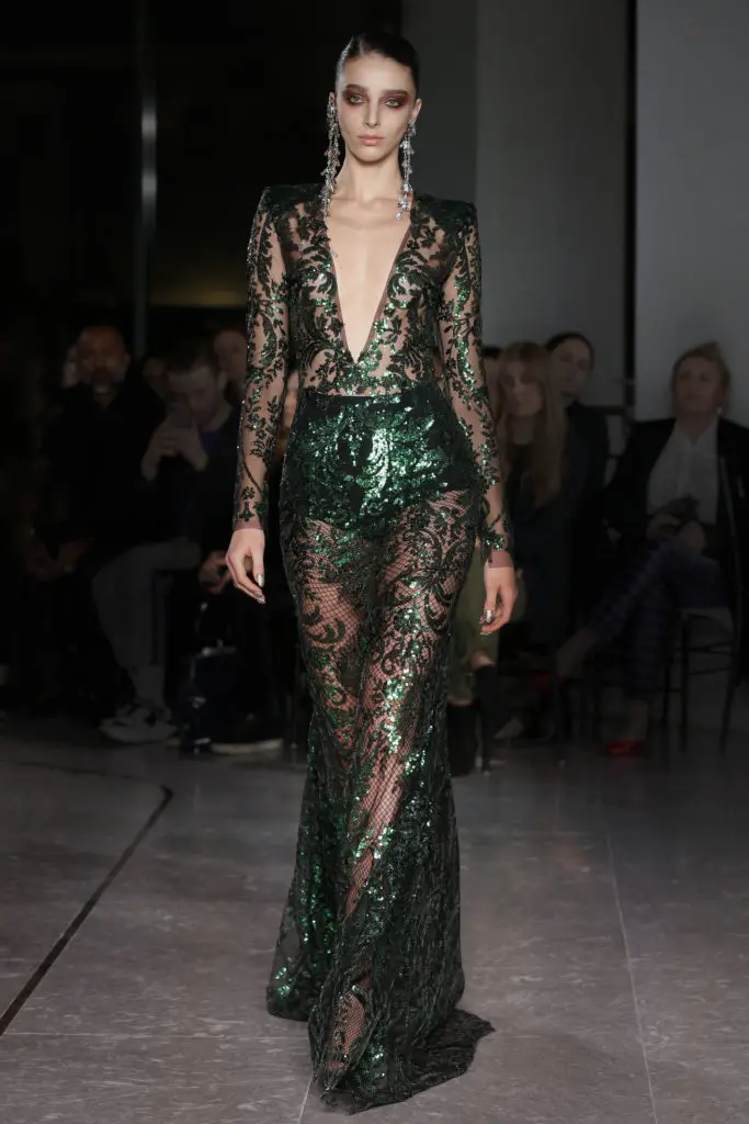 Naeem Khan sheer green V-neck sequined gown. (Photo by Dan and Corina Lecca)