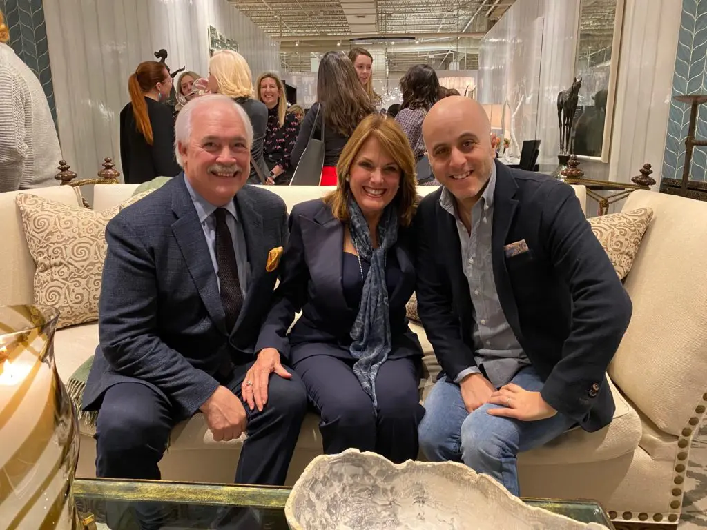 David & Ann Sutherland and Fortuny's Maury Riad lead the celebration of the new partnership between the design fabric showroom and the 100 year old house of Fortuny.  (Photo by Shelby Hodge)