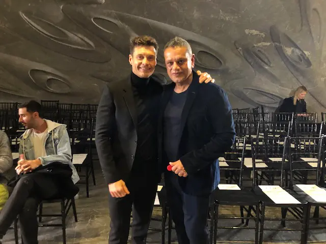 Front row regular Ryan Seacrest, left, poses with Naeem Khan after Khan's runway show at New York Fashion Week. (Photo by Clifford Pugh)