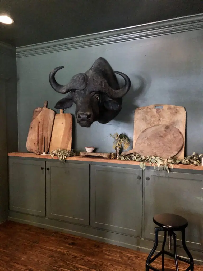 A black buffalo head hovers over a small private event space. (Photo by Megan Ziots)