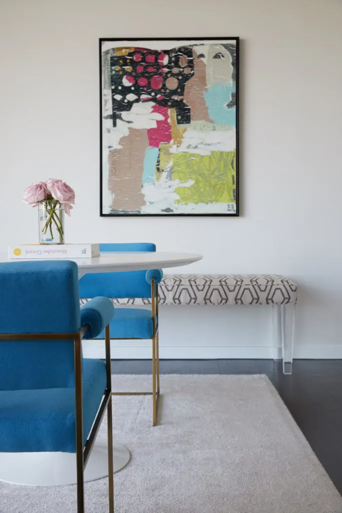 Bradley Agather’s office includes an Eero Saarinen table from Knoll. Milo Baughman dining chairs from Design Within Reach. Sunny Sliger’s "Untitled," 2002. Custom bench by M&J Upholstery. (Photo by Pär Bengtsson)