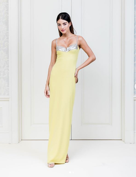 Cristina Ottaviano pistachio crepe gown with hand beaded embellishment and strap detailing. (Instagram: @cristinaottaviano)
