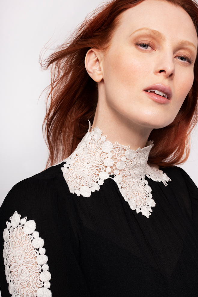 Model Karen Elson in a Kate Spade Victorian-inspired blouse with lace detail at collar and arms. (Photo by Andres Burgos )