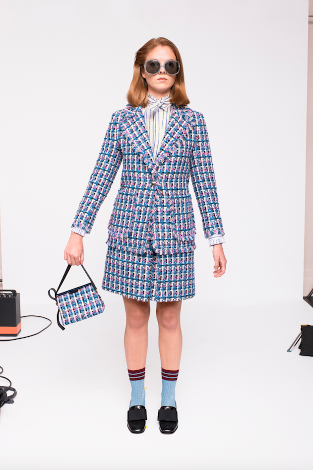 Kate Spade tweed suit with matching handbag. (Photo by Andres Burgos )