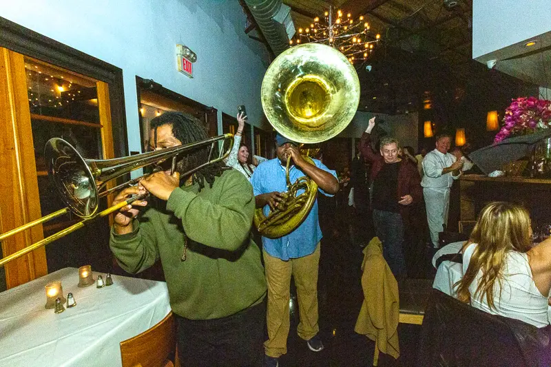 The New Orleans Second Line band parades through Ibiza on closing night. (Photo by Tony Ruppe)