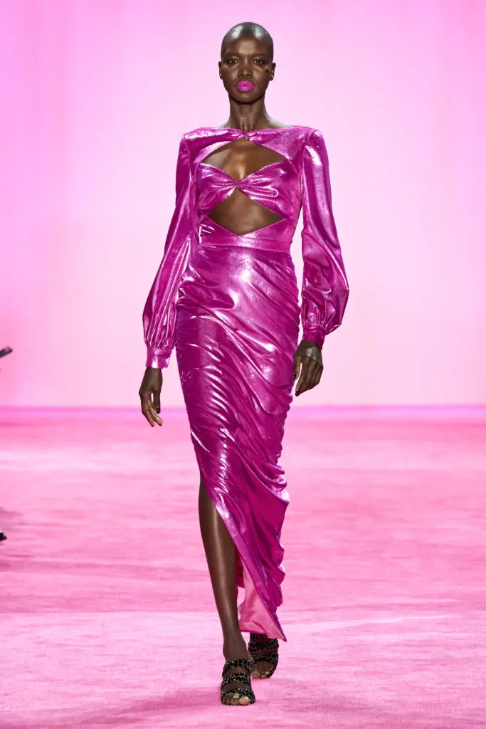 Christian Siriano orchid lacquered twist front cut-out column gown. (Photo courtesy of Imaxtree)