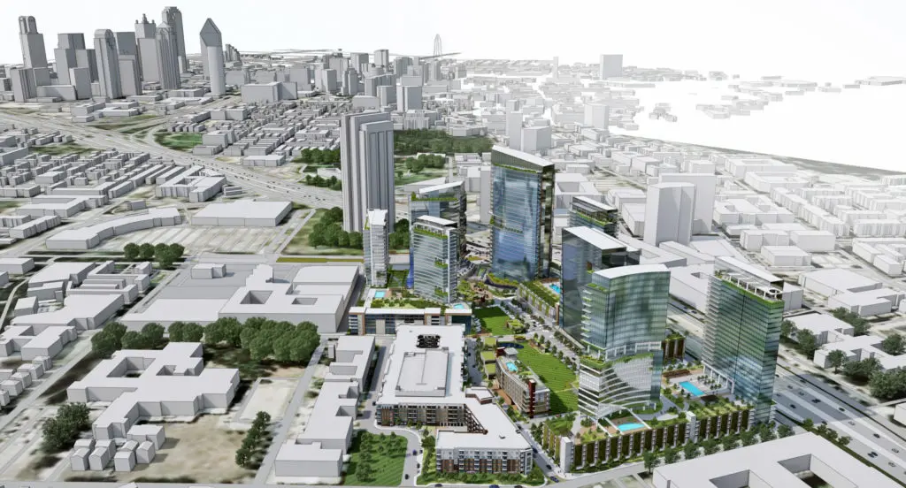 An aerial view of the 27 acre project known as The Central and its proximity to downtown Dallas.