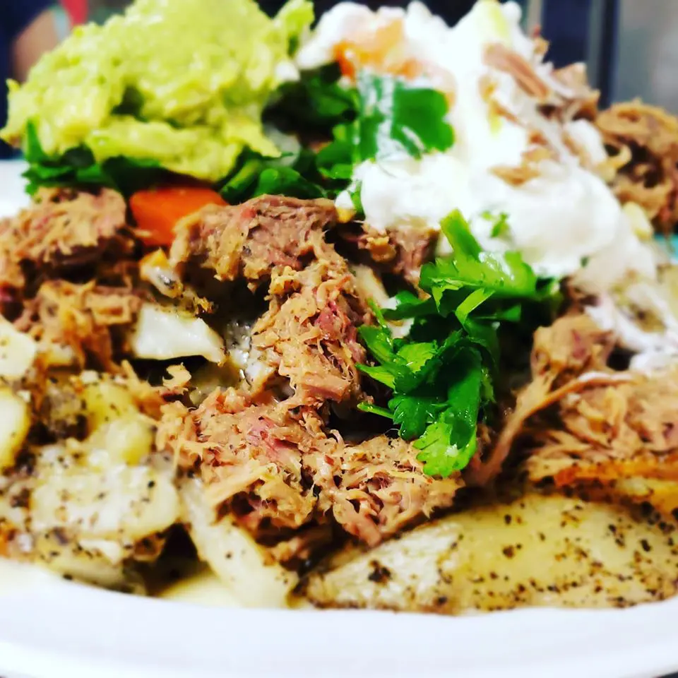 The brisket topped fried pappas.