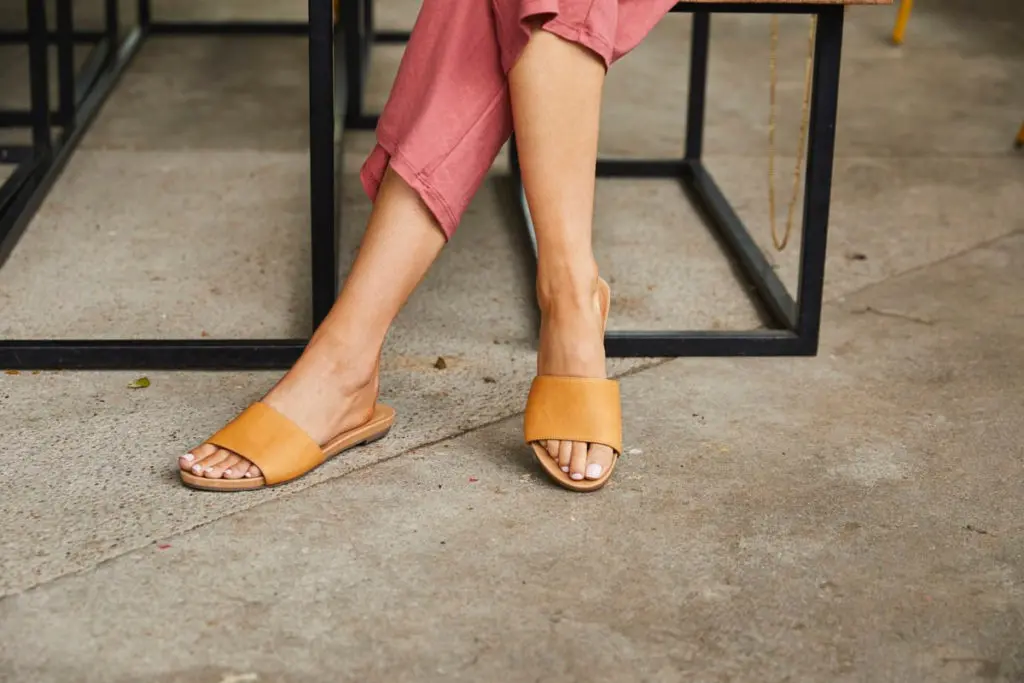 Hari Mari's stylish new slides feature memory foam, a gentle toe grip, and the slightest of heels to keep soles supported. (Photo courtesy of Hari Mari)