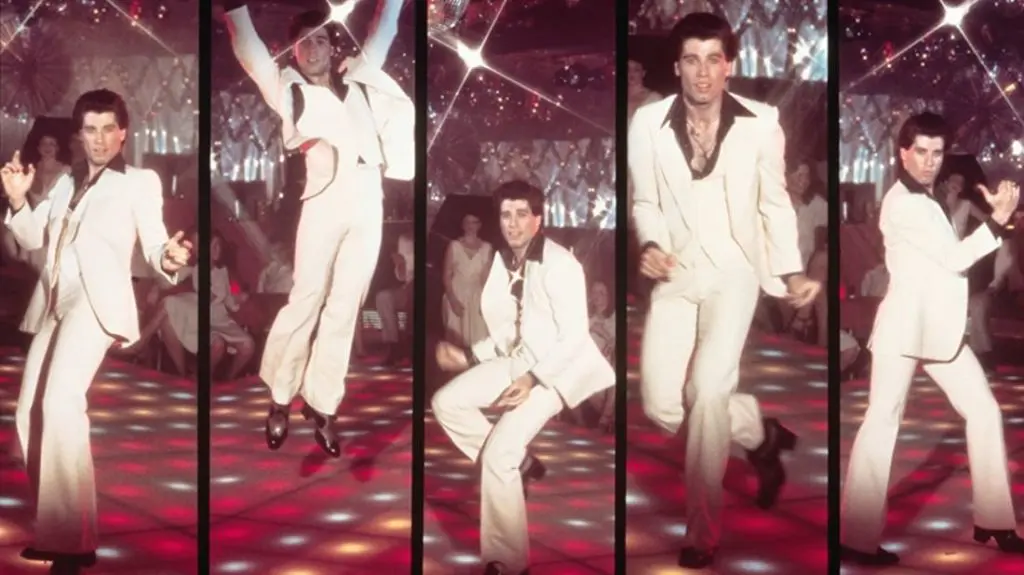 John Travolta dances in "Saturday Night Fever," 1977