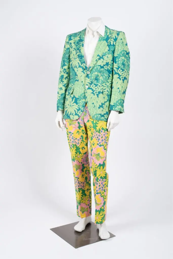 Lilly Pulitzer pants and blazer from the 1970s, which feature the same print in two different colorways. 