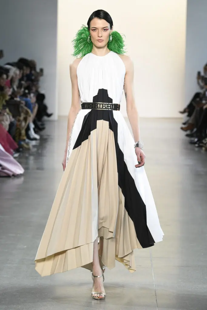 Bibhu Mohapatra ivory onyx and sand Supima cotton pleated Banjara dress. (Photo by Yannis Vlamos/Indigital.tv)