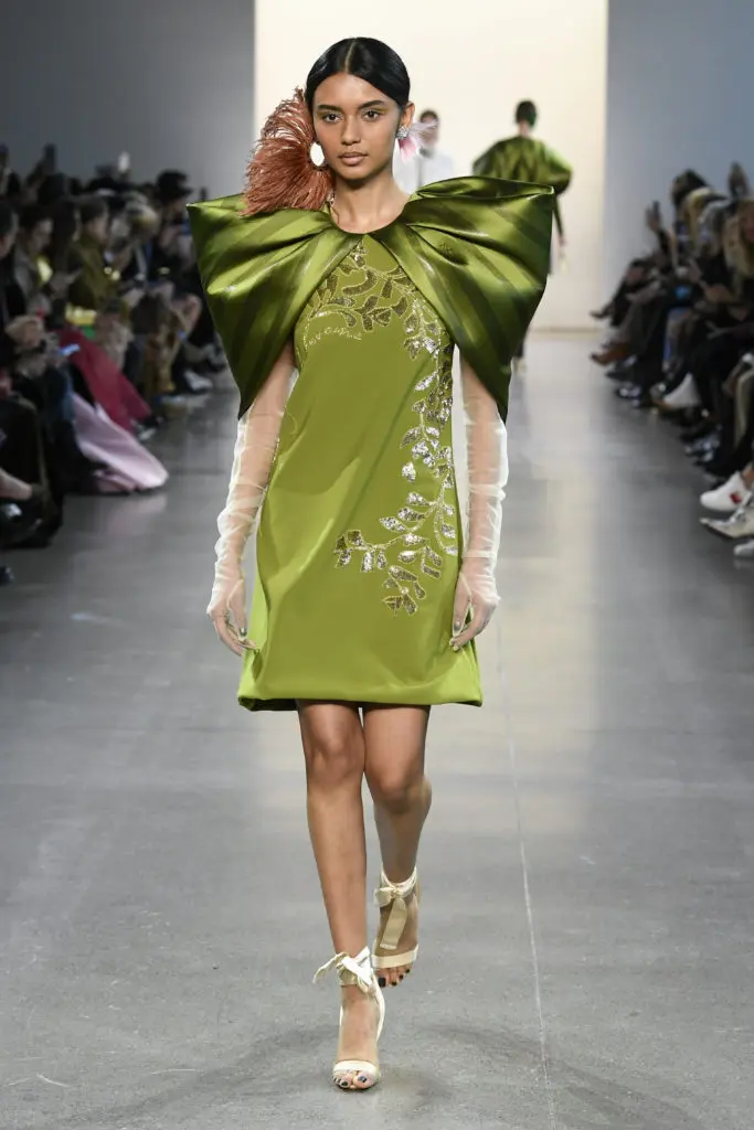 Bibhu Mohapatra henna crepe dress with sequined pipli embroidery and striped silk wings. (Photo by Yannis Vlamos/Indigital.tv)
